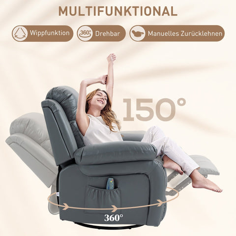 Rootz Massage Chair - Rocking Recliner - Rotatable Chair - 360 Degree Rotation - 8 Vibration Points - Wired Remote - 87cm x 97cm x 104cm - Faux Leather - Gray