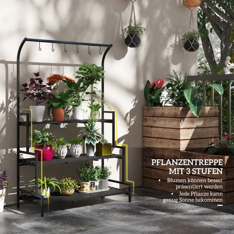 Rootz 3 Tier Flower Stand - Plant Display Shelf - Garden Plant Rack - Indoor & Outdoor - Metal Frame - 170H x 110L x 50W cm - Black