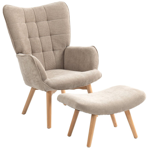 Rootz Accent Chair and Ottoman Set - Wing Chair - Armchair - Comfortable Seating - Versatile Use - Stylish Design - 72cm x 80cm x 101cm - Beech Wood and Cord Look
