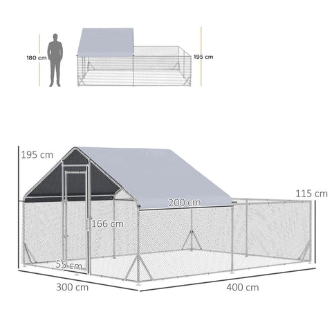 Rootz Bantam Chicken Coop - Weather Resistant - Walk-in Coop - Hen House with Roof - Steel - Silver - 400cm x 300cm x 195cm