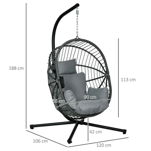 Rootz Outdoor Hanging Chair - Hanging Chair with Cushion - Egg Chair - Polypropylene Rope - Grey - 120 cm x 106 cm x 188 cm