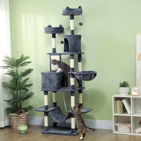 Rootz 206 cm Cat Tower - Scratching Tree - Activity Center - Sisal Trunks - Spacious Condos - 60L x 50B x 206H cm - Grey, White