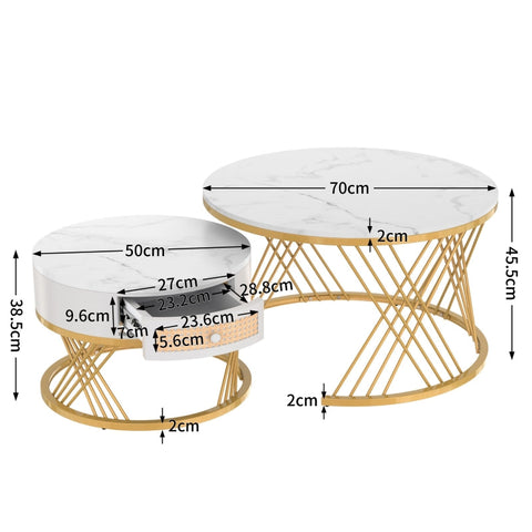 Rootz 2-in-1 Coffee Table Set - Elegant Marble Pattern - Space-Saving Table - MDF & Metal - 70x70x45.5cm & 50x50x38.5cm