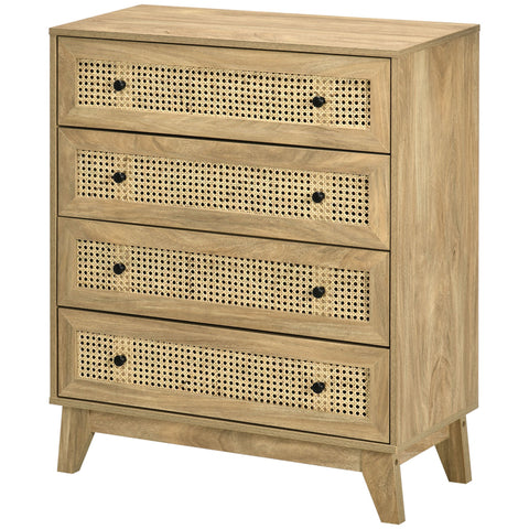 Rootz 4 Drawer Chest of Drawers - Storage Furniture - Rattan Front - Elegant Light Wood - 80cm x 35cm x 95cm