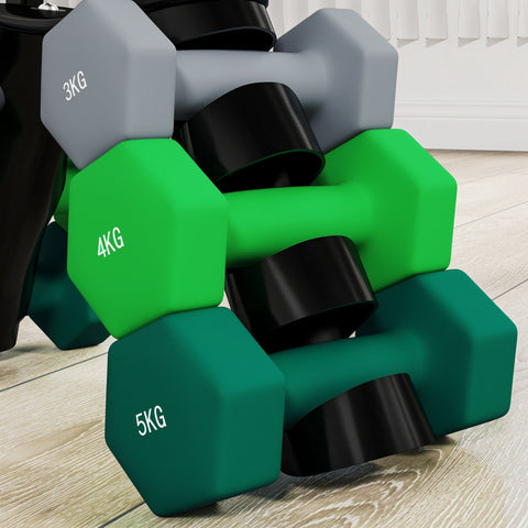 Rootz Dumbbell Set with Rack - Weights - Fitness Equipment - Hexagonal Design - Space-Saving - 3kg to 5kg - Dumbbell 18x8x8cm, Rack 42x10x30cm