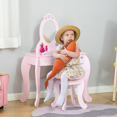 Rootz Children's Dressing Table Set - Makeup Vanity - Kid's Beauty Table - Heart Design - MDF, Pink - 60L x 36W x 88H cm