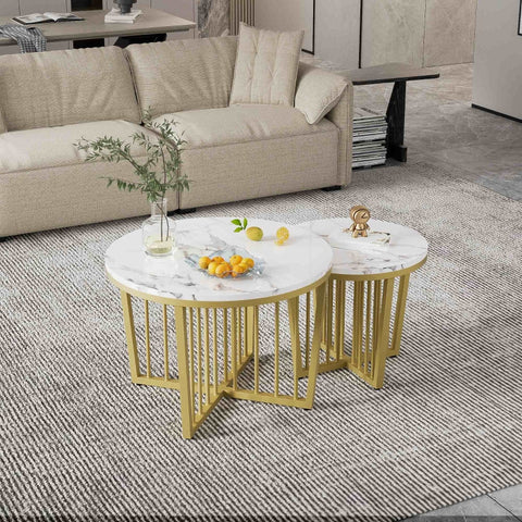 Rootz Nesting Coffee Table Set - High Gloss Tables - Marble Look - Luxurious Design - 70x70x50cm & 50x50x45cm - Gold-Plated Durability