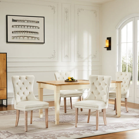 Rootz Velvet Dining Chair Set - Elegant Dining Chair - Comfortable Chair - Solid Wood Legs - Supports 150kg - 50L x 46P x 91H cm - Beige