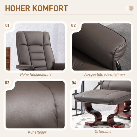 Rootz Relaxation Armchair Set - Recliner & Ottoman - Lounge Chair - 360° Swivel Base - Faux Leather - 76cm x 85cm x 104cm - Brown