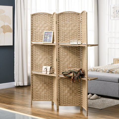 Rootz Room Divider Paravent 4 Panels - Privacy Screen - Folding Partition - 2 Shelves - Wood - 160L x 1.6B x 170H cm
