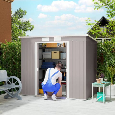 Rootz Tool Shed – Outdoor Storage, Garden Shelter – Galvanized Steel, Ventilated, Sliding Doors, Grey – 213x130x172cm Durable