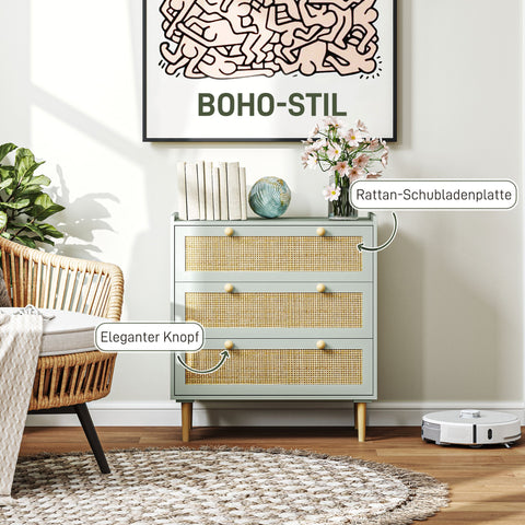 Rootz Bedroom Chest of Drawers - Clothing Storage - Rattan Fronts - Anti-Tipping Design - 80L x 40W x 87.5H cm - Green and Brown MDF