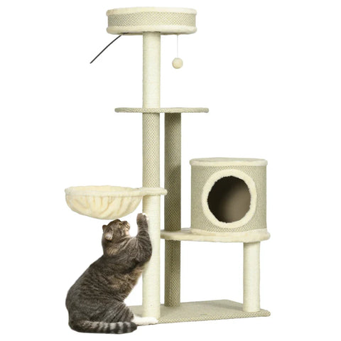 Rootz Scratching Post - Cat Tree - 1 Cat Bed - 1 Cat Cave - 2 Lying Areas - Chipboard - Imitation Linen - Brown + Beige + White - 124 cm x 59 cm x 40cm