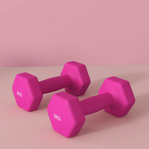 Rootz 2 x 3kg Dumbbell Set - Hand Weights - Exercise Weights - Floor-Friendly - 18x8x8cm - Hexagonal Design - Non-Slip Handles - Pink