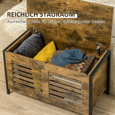 Rootz Industrial Design Wooden Chest Sideboard - Storage Cabinet - Hallway Bench - Rustic Wood Grain - Steel Frame - Slatted Doors - 80cm x 40cm x 49cm