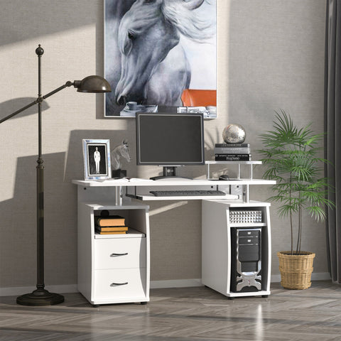 Rootz Computer Desk - Multimedia Workstation - Multipurpose Storage - Ergonomic Design - 120L x 55W x 85H cm - White Wood