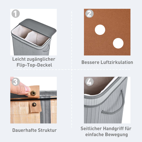 Rootz Bamboo Laundry Basket - 100L Clothes Hamper - Foldable Storage Bin - Water Resistant - 52cm x 32cm x 63cm - Grey