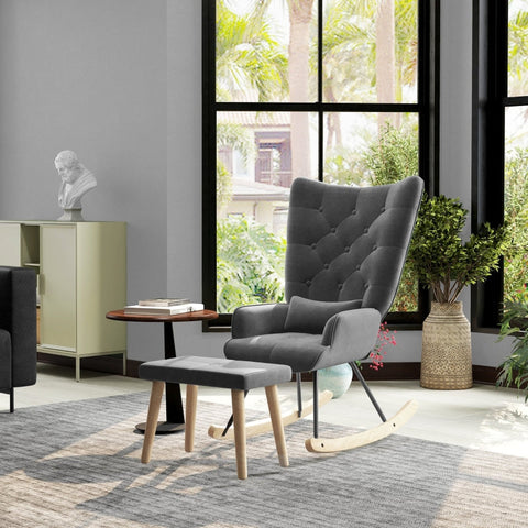 Rootz Lounge Chair and Stool Set - Modern Armchair - Upholstered Recliner - Velvet Padding - Rubber Wood Legs - Dark Gray - 66cm x 96cm x 101cm