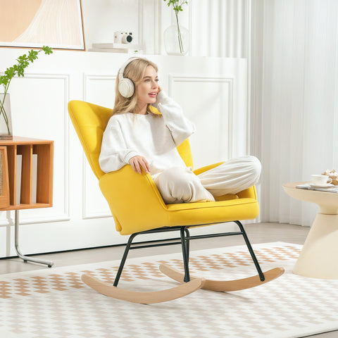 Rootz Rocking Chair - Velvet Chair - Steel Frame - Relaxation - 71 x 98 x 101 cm - Yellow Velvet Cover