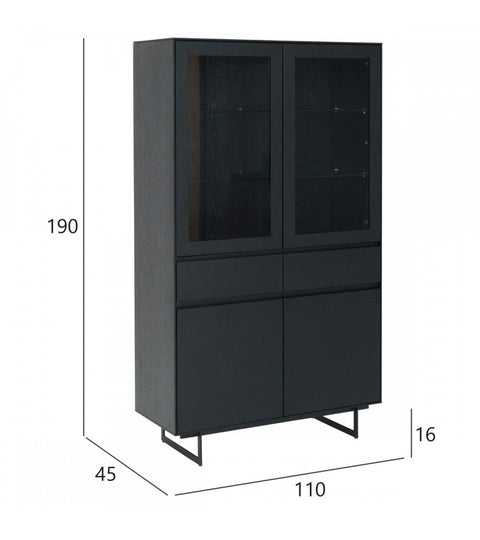 Rootz Display Cabinet - Storage Cabinet - Showcase Unit - Ample Storage, Soft Close System, Integrated LED Lighting - 110cm x 45cm x 190cm - Black Oak Veneer