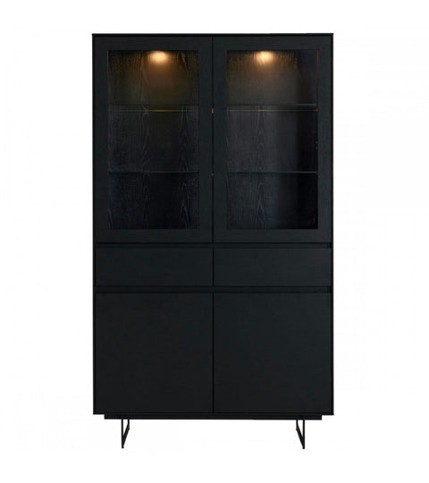 Rootz Display Cabinet - Storage Cabinet - Showcase Unit - Ample Storage, Soft Close System, Integrated LED Lighting - 110cm x 45cm x 190cm - Black Oak Veneer
