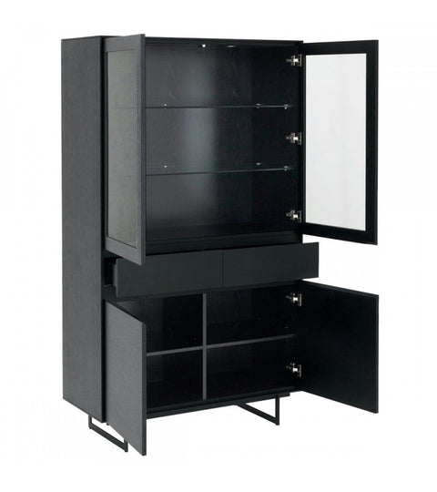 Rootz Display Cabinet - Storage Cabinet - Showcase Unit - Ample Storage, Soft Close System, Integrated LED Lighting - 110cm x 45cm x 190cm - Black Oak Veneer