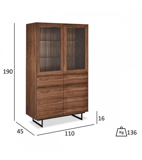 Rootz Display Cabinet - Storage Cabinet - Showcase Unit - American Walnut Veneer - Soft-Close Locking - Built-in LED Lighting - 110cm x 45cm x 190cm