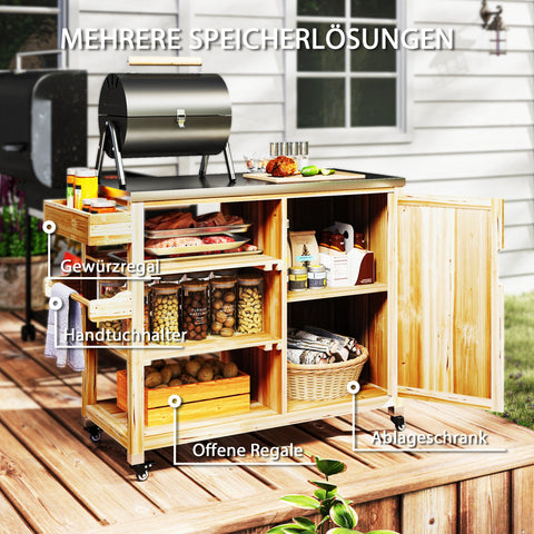 Rootz Outdoor Kitchen Island - Grilling Car - Wooden Kitchen Carts - Stainless Steel - Enhanced Mobility - 134.5l x 50b x 91.5H cm