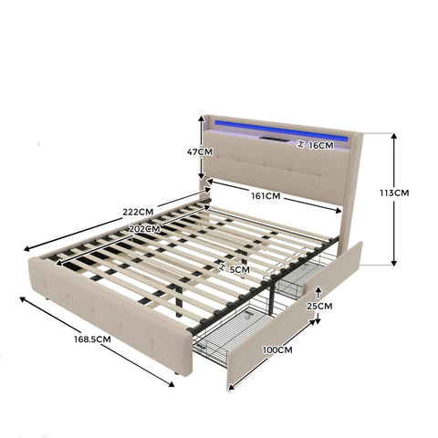 Rootz Double Bed - Guest Bed - Sleep Solution - USB Charging & LED Comfort - 222cm x 168.5cm x 113cm - Beige
