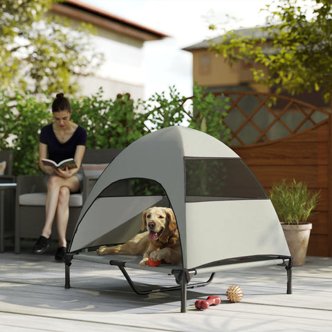 Rootz Outdoor Elevated Dog Bed with Canopy - Raised Pet Lounger - Sun Protection - Grey - 91cm x 76cm x 90cm