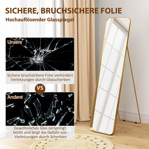 Rootz Full Body Mirror - Freestanding & Tiltable - Metal Frame - Elegant Gold Finish - 160 x 40 cm - Ideal for Hallways and Bedrooms