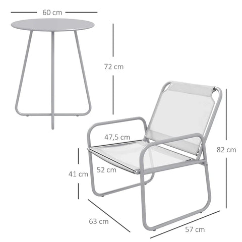 Rootz Garden Furniture Set - 3-piece - 2 Chairs - Breathable Fabric Cover - 1 Round Table Ø60 Cm - Steel - Plastic - Light Gray - 52w X 47.5d Cm
