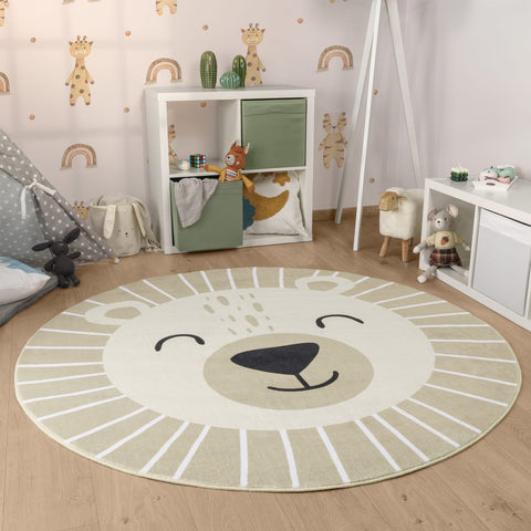 Round Children's Rug – Soft Short-Pile – Durable, Washable Play Mat – Cute Animal Motifs