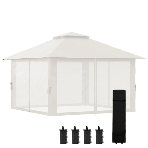 Rootz Folding Gazebo - Height Adjustable - 4 Mesh Walls - Ventilation Roof - Carry Bag - Quick Assembly - Cream White - 4 x 4 x 3 m