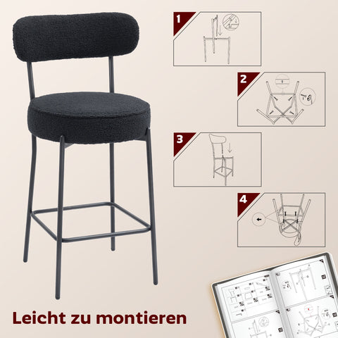 Rootz Set of 2 Bar Chairs - Upholstered Bar Stools - Kitchen Counter Chairs - Comfortable & Modern - Black Fleece, Footrest, 49x52x95 cm