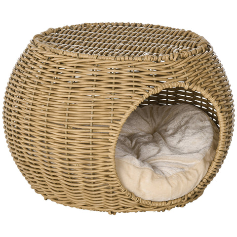 Rootz 2 Level Cat House - Cat Basket - Cat Cave - Cozy Retreat - Ø 40 x 30 cm - Brown Resin Rattan with Soft Cushion