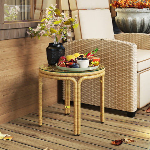 Rootz Side Table - Coffee Table - Bedside Table - Poly Rattan - Weatherproof & UV-Resistant - Ø50 cm x 44H cm - Gold