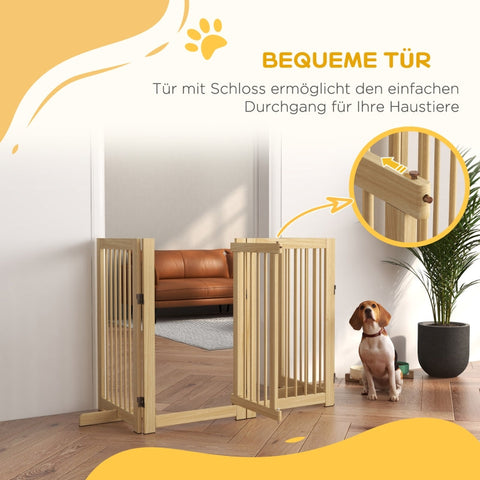 Rootz Dog Gate with Door - Wooden Pet Barrier - Solid Pine Wood - Free-Standing Design - Foldable Panels - 220cm x 36cm x 91cm
