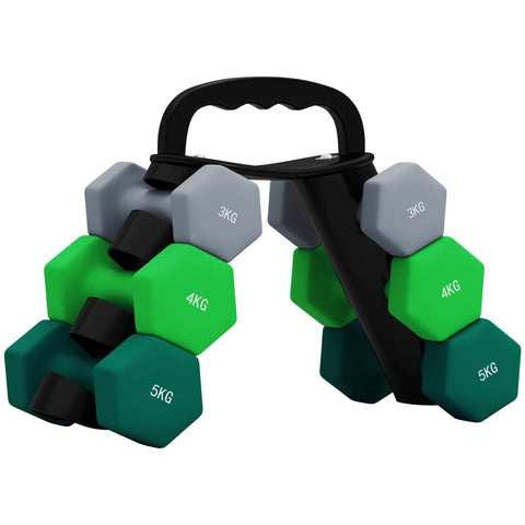 Rootz Dumbbell Set with Rack - Weights - Fitness Equipment - Hexagonal Design - Space-Saving - 3kg to 5kg - Dumbbell 18x8x8cm, Rack 42x10x30cm