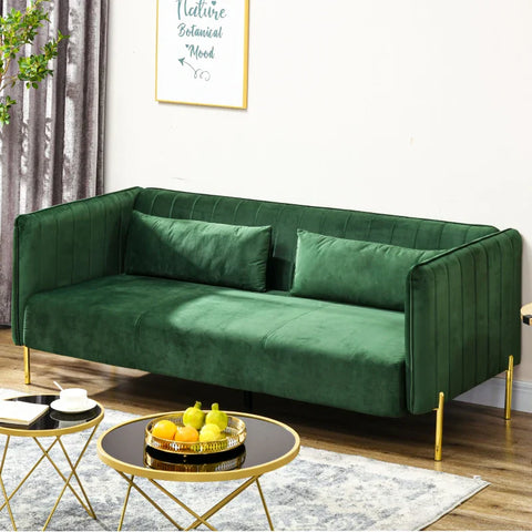 Rootz Sofa - 3 Seater Sofa - Couch with 2 Cushions - Velvet Look - Retro Design - Removable Cover - Imitation Velvet - Green - 195cm x 88cm x 76cm