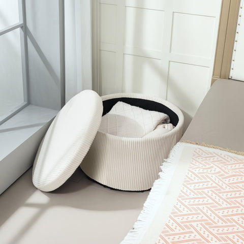 Rootz Foot Stool with Storage - Seat Stool - Pouf - 97L Hidden Storage - Ø60 x 41h cm - Cord Fabric - Foam - Beige