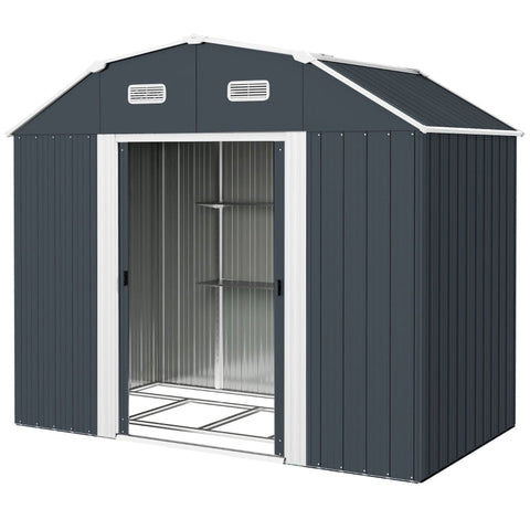 Rootz Garden Shed - Tool Shed - Storage Shed - Weather Resistant - 2 Windows - 2 Doors - 238cm x 132cm x 198.5cm - Dark Gray - Galvanized Steel