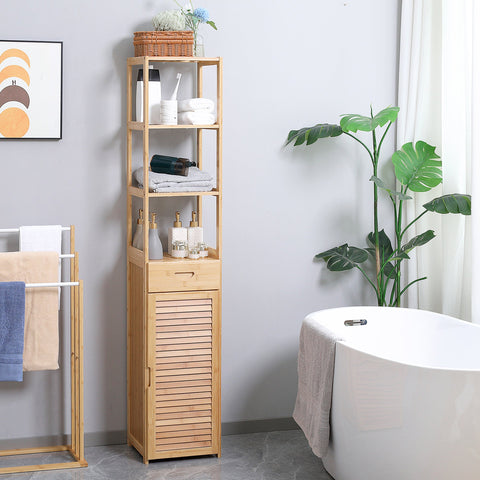 Rootz Bathroom Shelf - Storage Cabinet - Organizer Unit - Bamboo Construction - 3 Compartments, Drawer - 32 x 30 x 163 cm