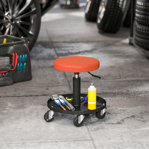 Rootz Workshop Stool with Rollers - Garage Chair - Mechanic Seat - Height Adjustable - 38cm x 38cm x 38-50cm Orange