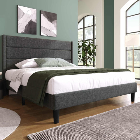 Rootz Double Bed with Padded Headboard - Fabric Cover - Upholstered Bed - Comfort - 146L x 210W x 111H cm - Dark Gray Design