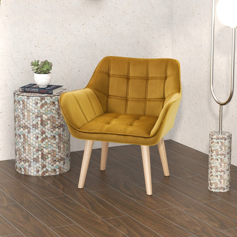 Rootz Velvet Lounge Chair - Scandi Style Accent Chair - Comfortably Padded - Rubberwood Legs - Metal Frame - Yellow - 67cm x 61.5cm x 71cm