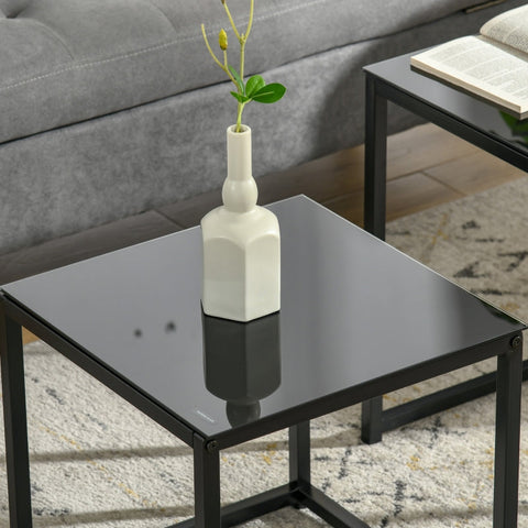 Rootz Set of 2 Side Tables - Coffee Tables - Living Room Tables - Modern Design - Space-Saving Stackable Feature - Durable Steel and Tempered Glass - 50cm x 50cm x 52cm & 42cm x 42cm x 42cm - Black