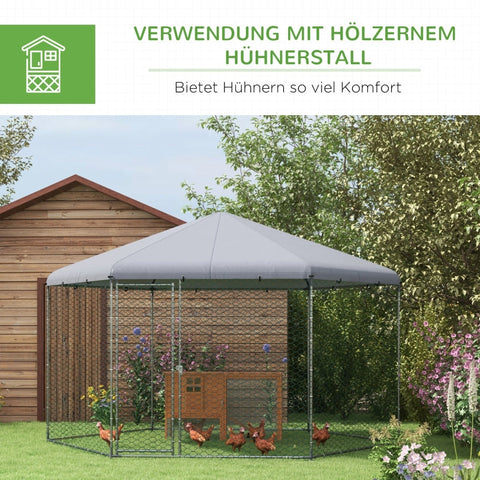 Rootz Chicken Coop Enclosure - Outdoor Poultry Run - Galvanized Steel - Protective Roof - Easy to Access - 400cm x 346cm x 263cm