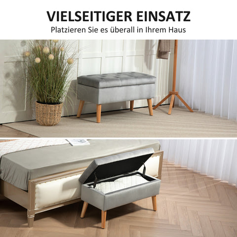 Rootz Upholstered Storage Bench - Velvet Stool - Padded Chest - Comfort Seating - 80cm x 35cm x 40cm - Grey