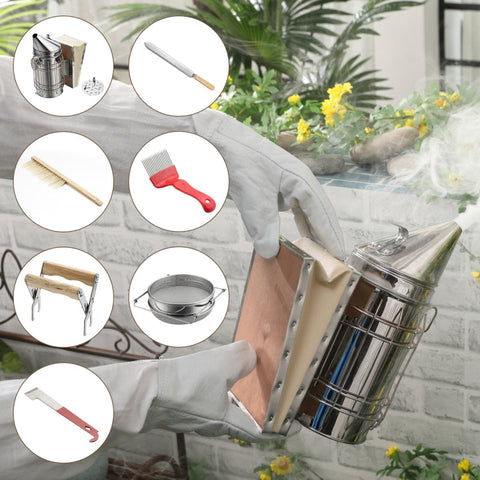Rootz 7-Piece Beekeeping Tool Set - Beekeeping Kit - Honey Harvesting Tools - Convenient & Safe Honey Harvesting - Calm Bees with Stainless Steel Smoker - Effortless Frame Removal - 28.5cm Smoker Height - Stainless Steel & Wood